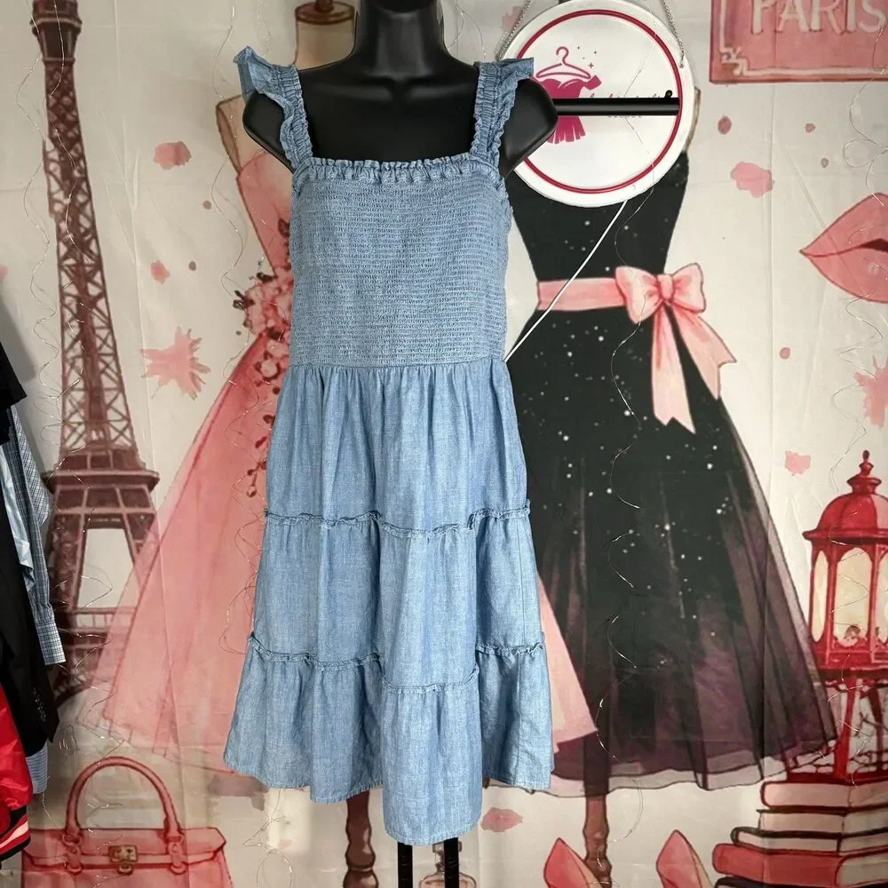 J. Crew Chambray Smocked Tiered Cotton Sun Dress Sz S